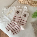 Beige striped wool socks with cute brown puppy embroidery and warm thermal knit texture - 1 Pair / Beige (Striped Dog Style)