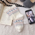 White knit mid-calf socks with blue pixel puppy and pink heart geometric patterns - Cream