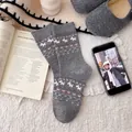 Mid-calf gray knit socks with cute white dog patterns and pink heart details - Gray