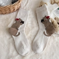 Cute beige wool socks with brown cartoon animal embroidery and red hat detail - One Size / White
