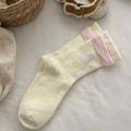 Thick cream fuzzy socks with cute flower embroidery and pink folded cuffs for winter - One Size / Three Flowers