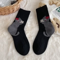 Cute black wool blend socks with embroidered gray cat motif and warm knit texture - One Size / Black