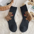 Dark grey wool socks with cute brown teddy bear applique holding a red heart - One Size / Dark Gray