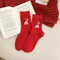 Red mid-calf socks with pink pony embroidery and ribbon bow for New Year celebration - Pink Pony (Red Socks)