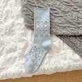 Hellblaue Fair Isle Strickstrümpfe mit Vogelmuster und gerippten Bündchen - [Jacquard] Blau