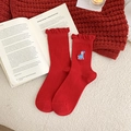 Red crew socks with cute cartoon giraffe embroidery and ruffled lettuce edge trim - Blue Pony/Giraffe (Red Socks)