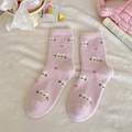 Pink plush mid-calf socks with white cartoon cat embroidery and heart patterns - One Size / All-over Cat Pattern