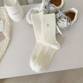 Cream white ribbed knit mid-calf socks with elegant silver bow embroidery detail - One Size / Creamy White