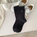 Black ribbed crew socks with elegant silver bow embroidery and thick thermal cotton texture - One Size / Black