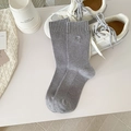 Gray rib-knit crew socks with delicate bow embroidery in a minimalist home setting - One Size / Light Gray