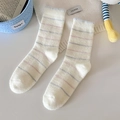 Plush cream socks with pastel stripes and cute ruffled cuffs in soft coral fleece - Pink Blue Stripe