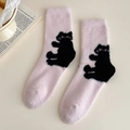 Calze rosa in pile corallo con simpatico motivo a gatto nero e morbida consistenza - Taglia unica / Gatto Nero Rosa
