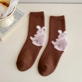 Thick warm dark brown plush crew socks with pink bunny embroidery for winter - One Size / Brown Pink Rabbit