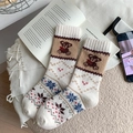 Thermosocken aus Wollimitat mit Cartoon-Bär und Schneeflocken-Strickmustern für den Winter - Einheitsgröße / Milchweiß (1 Paar)
