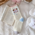 Fuzzy cream thermal socks with pink puppy pattern and plush blue heels for winter - Pink Dog Style