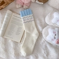Thick beige winter socks with blue ribbed cuffs and cute pink flower pattern - Cherry Style