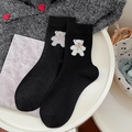Dicke schwarze Wollsocken mit süßem Teddybär-Flockdruck und Schleife, warme Wadenlänge - Einheitsgröße / Schwarz