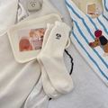 Creamy white coral fleece socks featuring cute cartoon puppy embroidery and happy text - Glasses Dog (Glasses Dog One Pair)