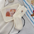 Plush cream white coral fleece socks featuring cute colorful bear animal embroidery - Apron Bear (Apron Bear One Pair)
