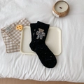 Black wool blend socks with cute bear embroidery and speckled knit pattern for winter - Black