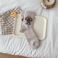 Oatmeal speckled wool socks with cute teddy bear embroidery and ribbed knit texture - 1 Pair / Khaki