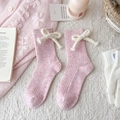 Rosa Wollmischung Wadenstrümpfe mit weißer Schleife und gerippter Strickstruktur - Einheitsgröße / Rosa 1 Paar