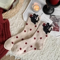 Cute beige wool blend crew socks with red polka dots and black cat embroidery - Polka Dot Cat