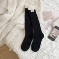 Thick coral fleece black calf socks with white fur trim and bear tag for winter - Black