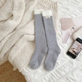 Thick grey coral fleece calf socks with cute bear patch and cozy striped texture - Gray