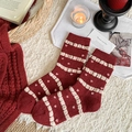 Deep red wool knit mid-calf socks with white pom-poms and pink polka dots for winter - 1 Pair Pack / Striped