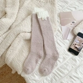 Purple and cream striped coral fleece leg warmers with a cute bear patch detail - Khaki