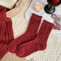 Deep red wool knit mid-calf socks with diamond patterns and ruffled lace edges - Diamond Pattern