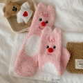 Pink coral fleece thermal socks with cute cartoon embroidery and decorative pom-poms - One Size / Pink - Plain Style