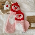 Warm pink and red coral fleece crew socks with cute doll design for winter comfort - One Size / Pink - Red Hat Style