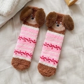Pink and white striped coral fleece socks with brown 3D dachshund dog ears detail - One Size / Pink Stripe/Jacquard Knit