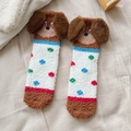 Cute brown dachshund coral fleece socks with 3D ears and colorful plush dog pattern - One Size / Polka Dot/Colorful Dots