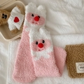 Pink coral fleece socks featuring cute cartoon faces and plush pom-poms for winter warmth - One Size / Pink - White Hat Style