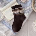 Dark brown wool socks with knit bow and Fair Isle geometric patterns for winter warmth - One Size / Brown