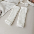 Thick white coral fleece warm knee pads with ribbed cuffs for winter home comfort - White