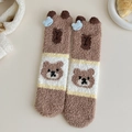 Calze calde Capybara in pile corallo con orecchie 3D e decorazione fiocco blu - Taglia unica / Testa di Orso