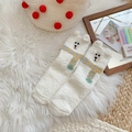 Calze bianche in pile corallo con orecchie d'orso 3D e ricamo a strisce colorate - Taglia unica / Bianco