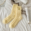 Ginger yellow thick coral fleece warm socks with green leaf embroidery detail - One Size / Yellow