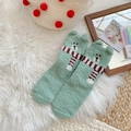 Cute light green coral fleece socks with 3D bear embroidery and warm fuzzy texture - One Size / Light Green