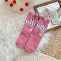 Pink coral fleece bear socks with 3D ears and blue stripe scarf on a soft white rug - One Size / Rose Red