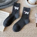 Dark gray wool socks with white cartoon dog pattern and warm knitted texture - Dark Gray