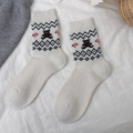 Beige wool socks with cute cartoon bear pattern and Fair Isle style for winter - Creamy White