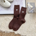 Dark brown ribbed cotton socks featuring white heart embroidery and a mid-calf length - Dark Brown