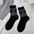 Black wool socks with bear embroidery and white geometric patterns for winter - Black