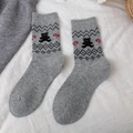 Grey wool socks featuring cute black bear pattern and retro Nordic style knit details - Light Gray