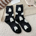 Cute black mid-calf socks with white plush bunnies and ribbed cuffs for women - Black